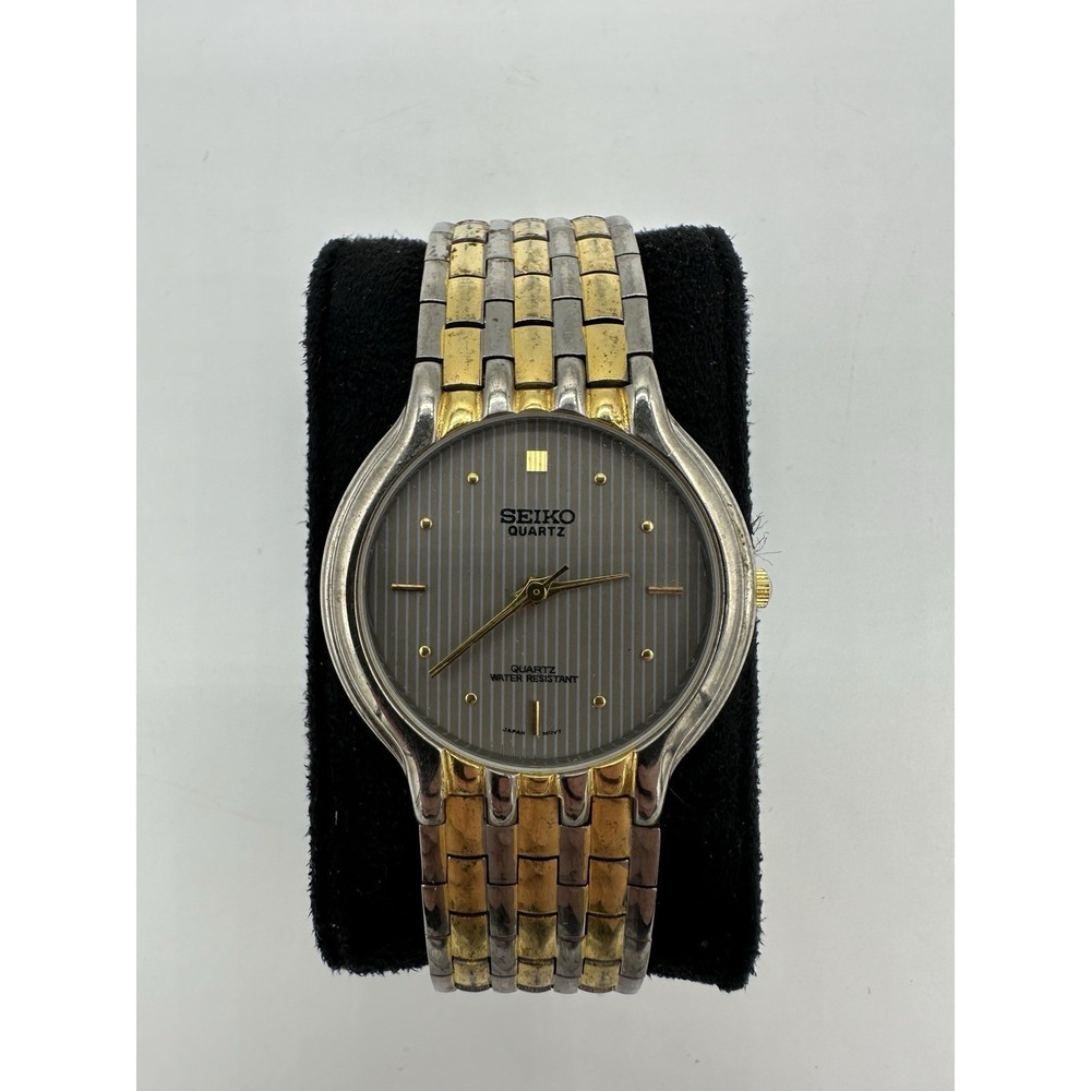 Vintage Seiko Quartz Two Tone Gray Striped Dial Dress Watch 7.5" New Battery